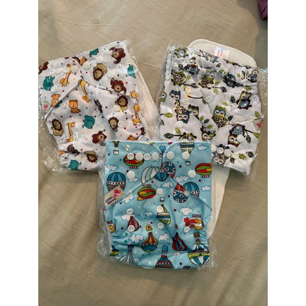 Littles & Bloomz Cloth Nappy Diaper‎ Lot (3) + 2 Inserts NEW Reusable One Size